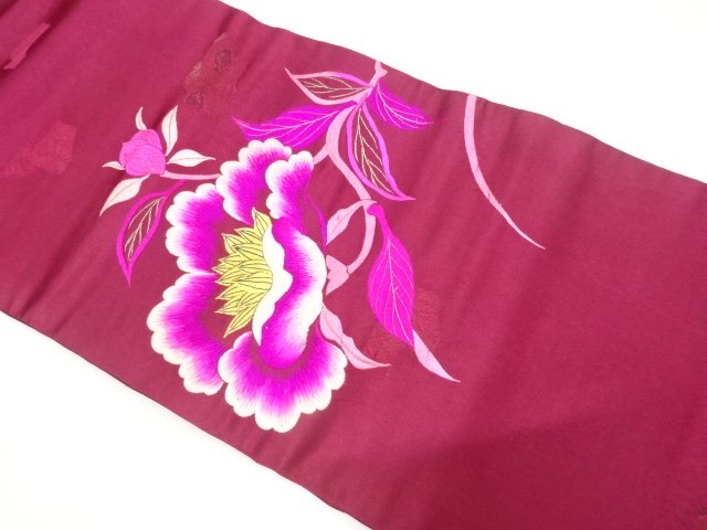 JAPANESEKIMONO / ANTIQUE PEONY PATTERN EMBROIDERY NAGOYA OBI (WEARABLE